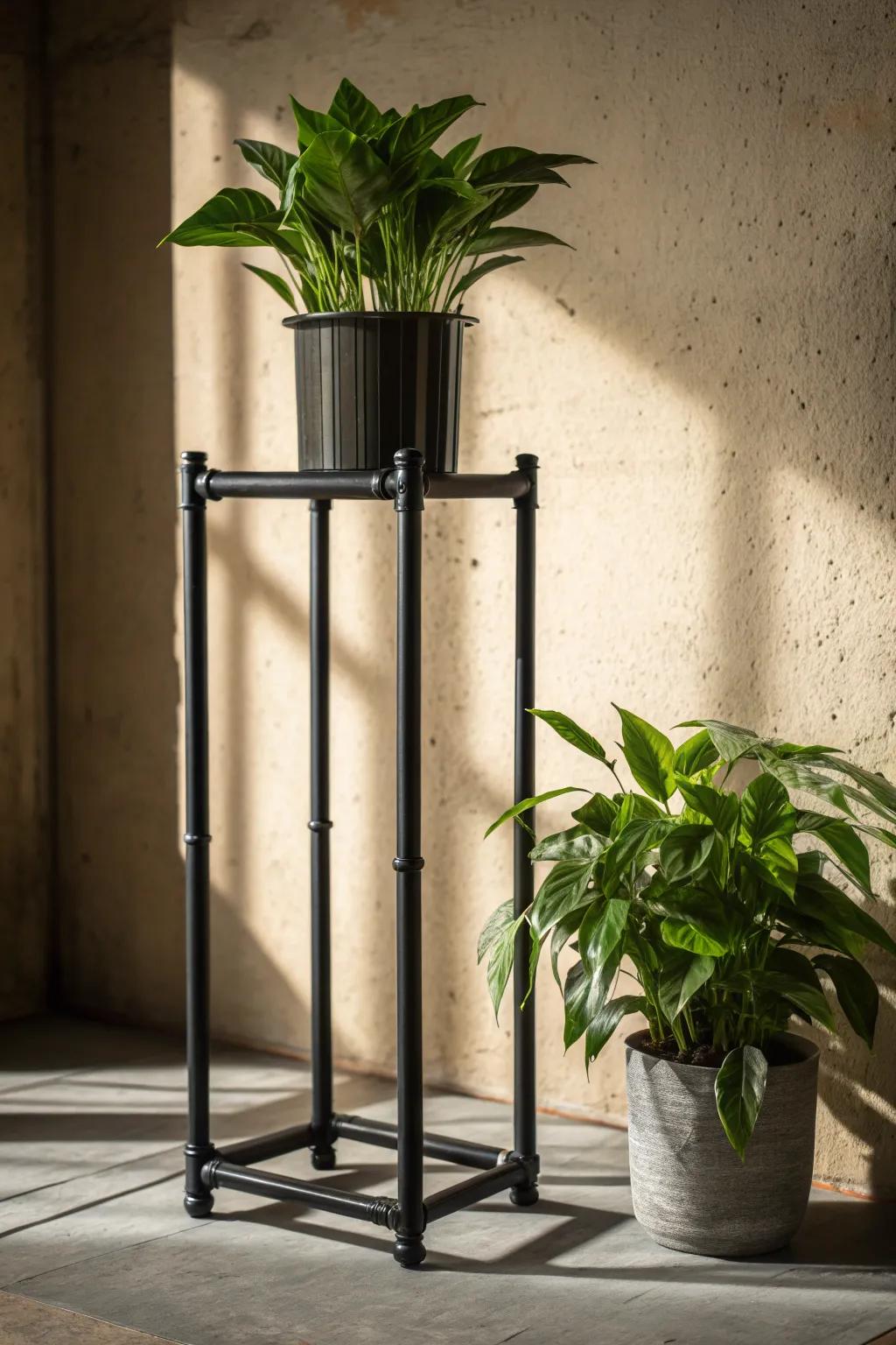 Elevate your greenery with this striking black pipe plant stand, where industrial design meets lush nature.