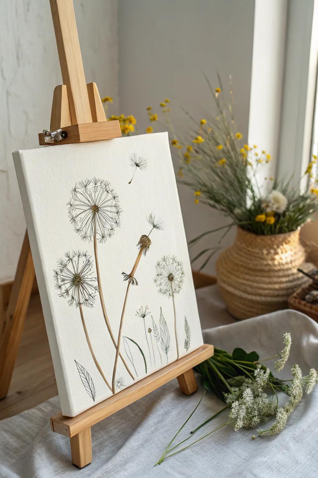 Capture the magic of dreams with a whimsical dandelion painting. Perfect for adding elegance to any space.