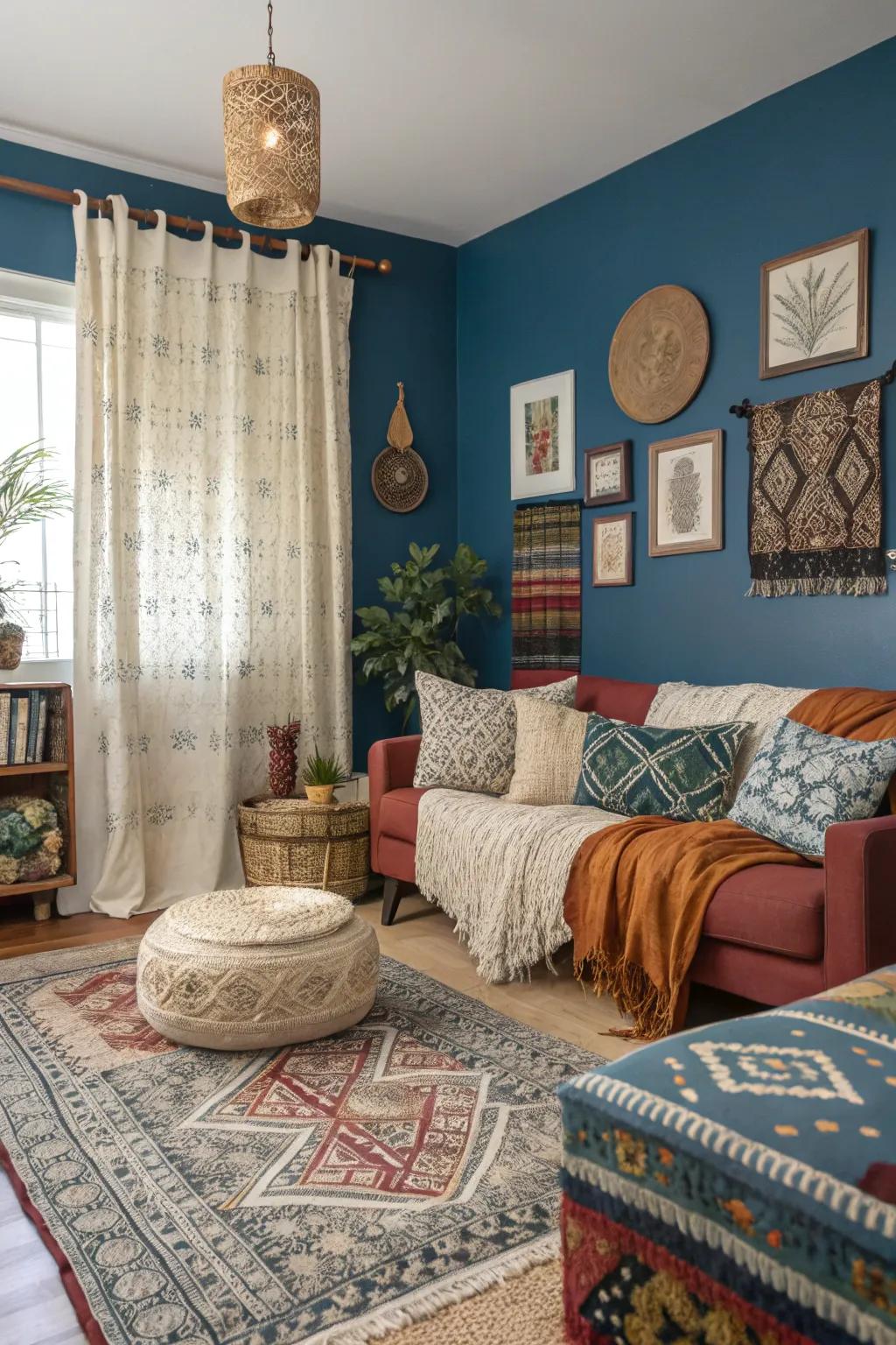 A bohemian living room featuring a blue accent wall with eclectic decor.