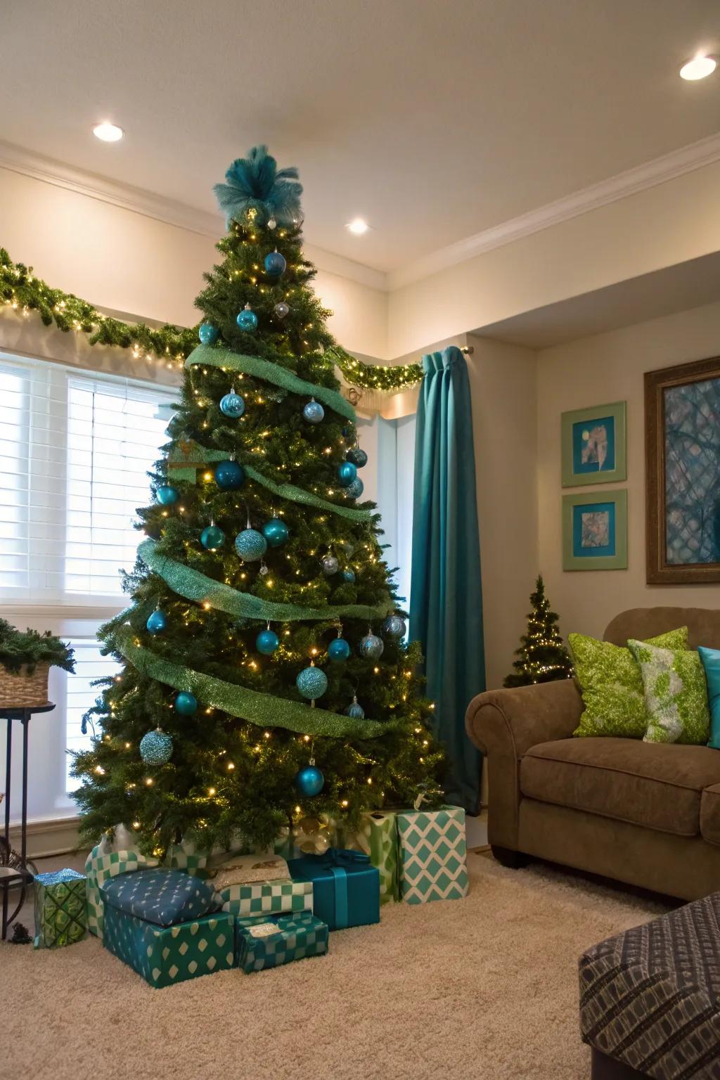 A harmonious blend of blue and green creates a natural and festive ambiance.