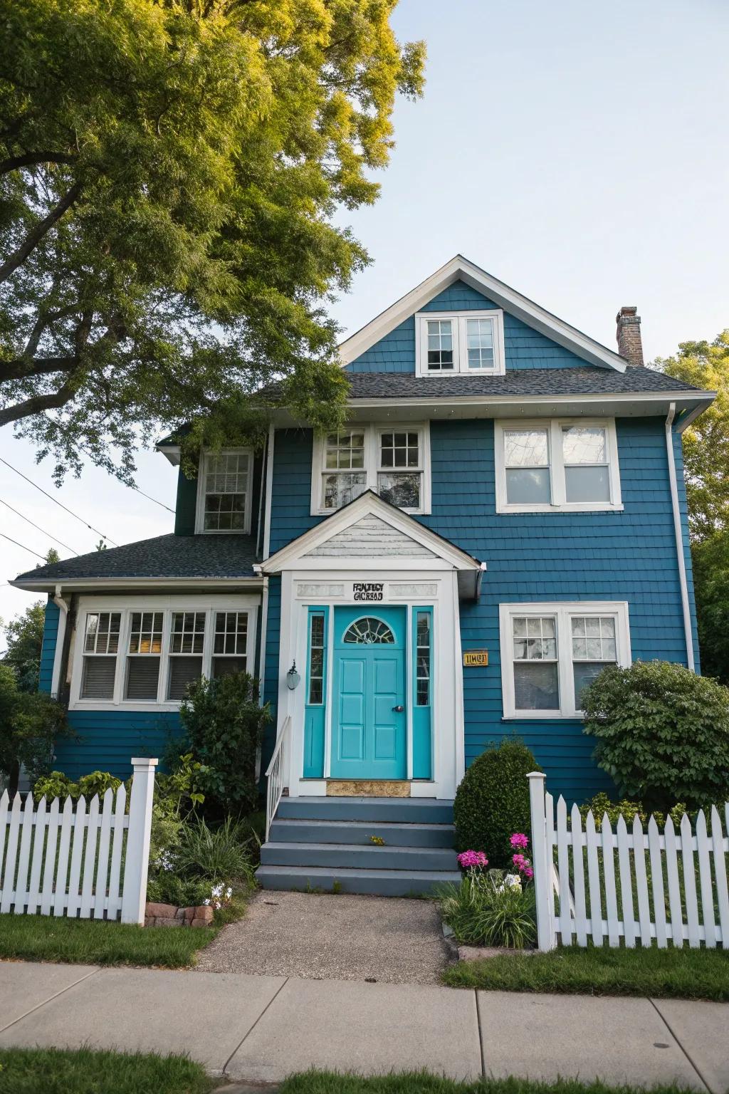 Turquoise doors provide a vibrant pop to blue exteriors.