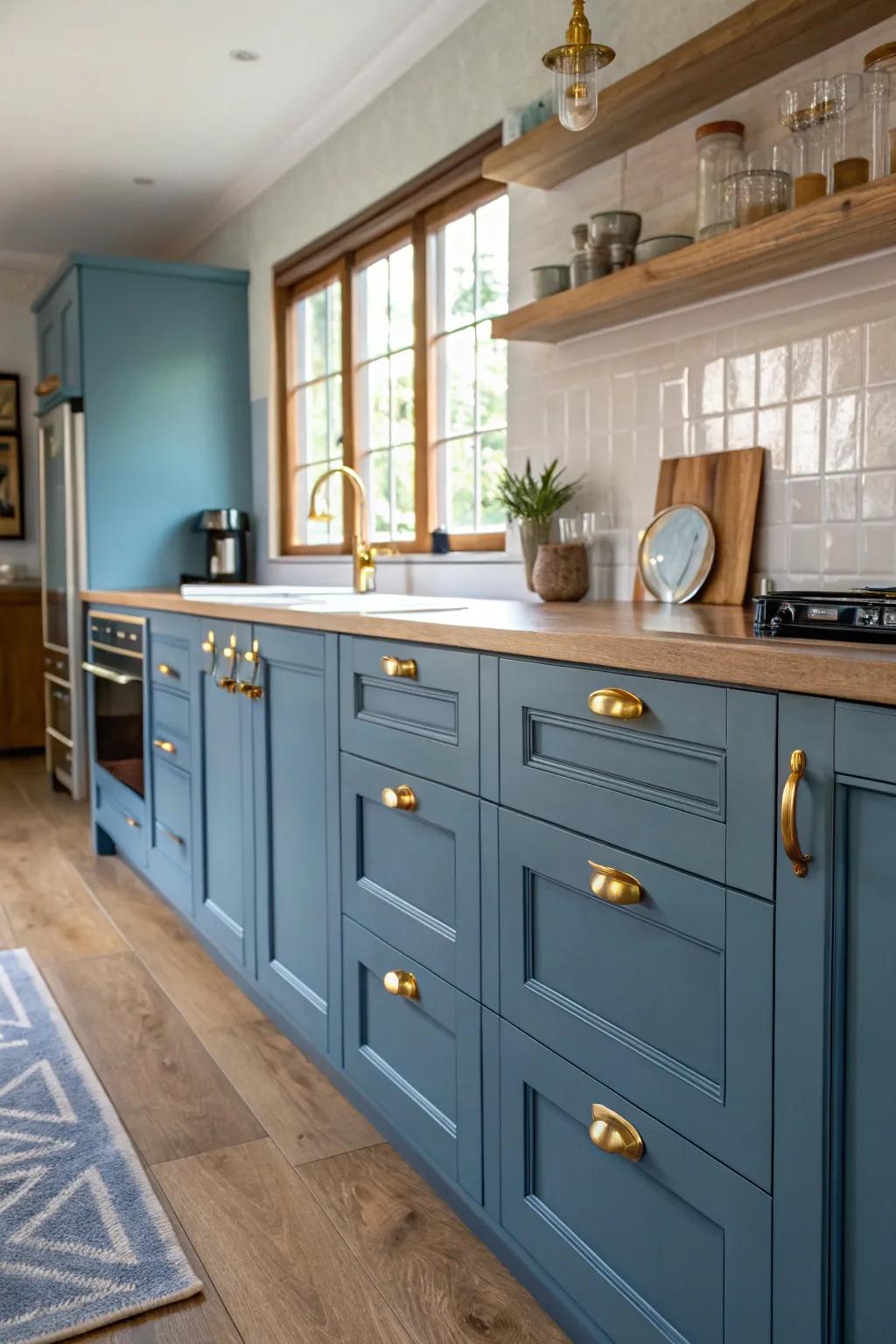 Blue cabinets with varied gold hardware add character and charm to an eclectic kitchen.