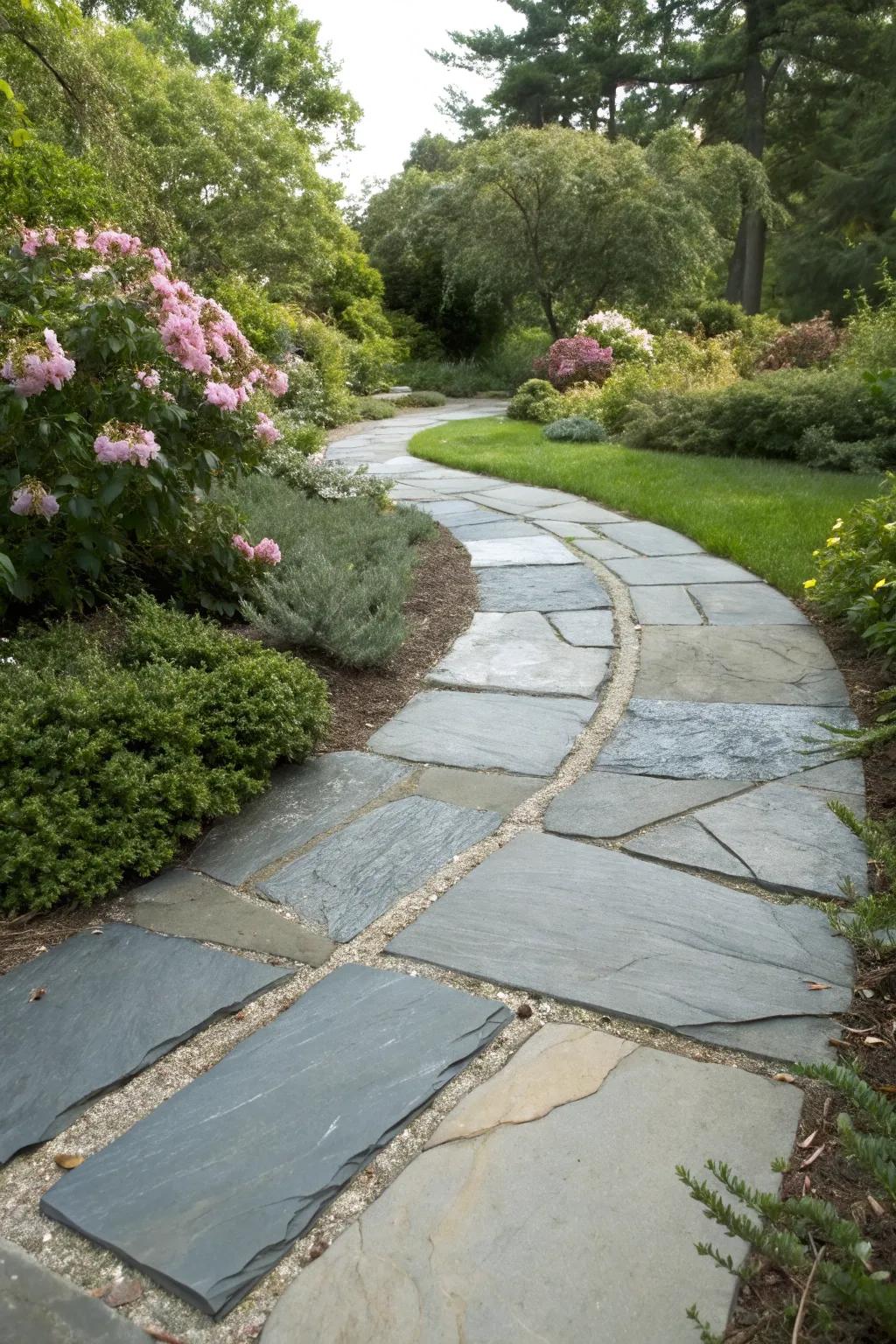 Diverse textures in bluestone add a unique touch to garden paths.