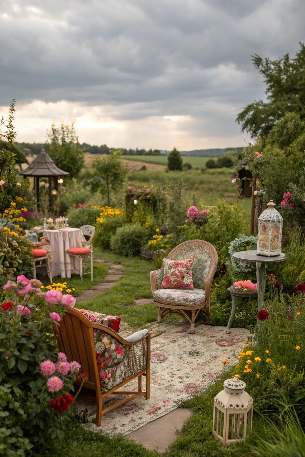 Vintage charm in a bohemian garden.