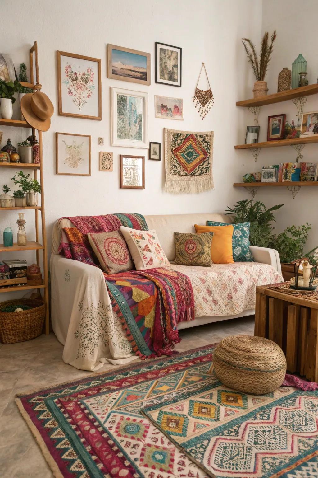 Mixed patterns create a dynamic boho atmosphere.