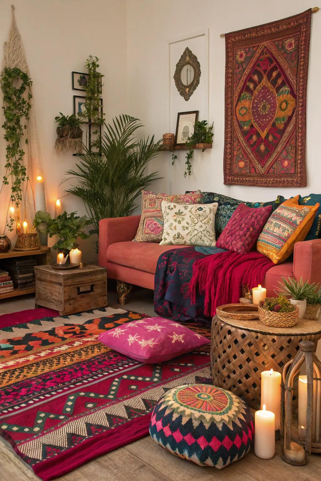 Bold colors infuse energy and vibrancy into boho spaces.