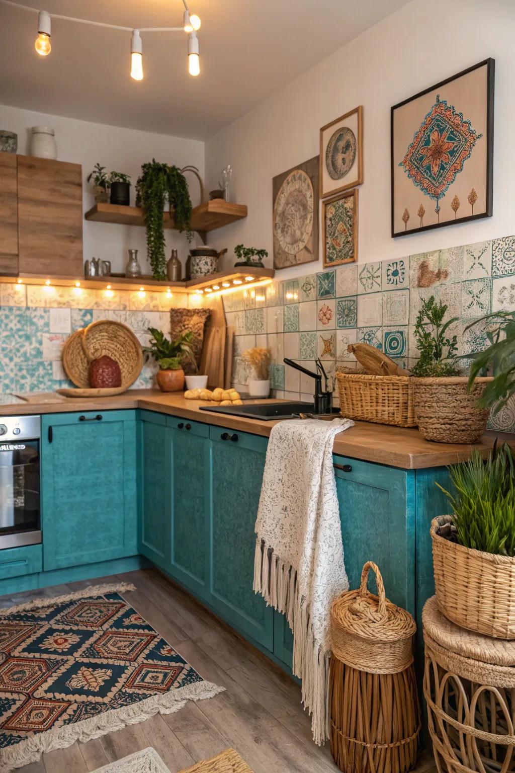 Bold colored tiles create a striking focal point in this boho kitchen.