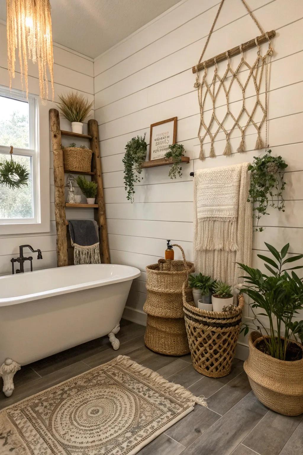 Shiplap walls offer a classic farmhouse touch to your bathroom.