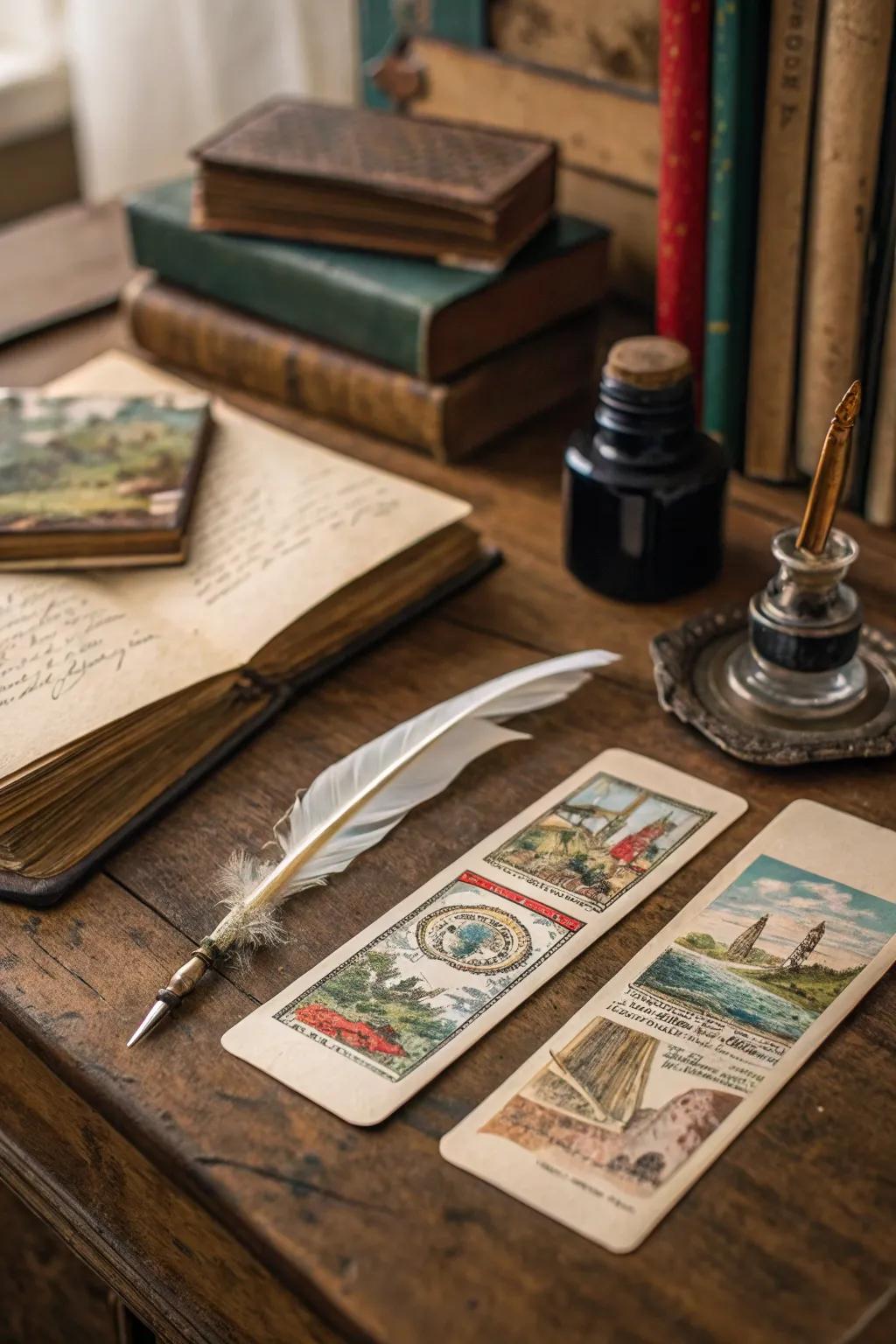 Vintage postcard aesthetics bring a nostalgic charm to bookmarks.