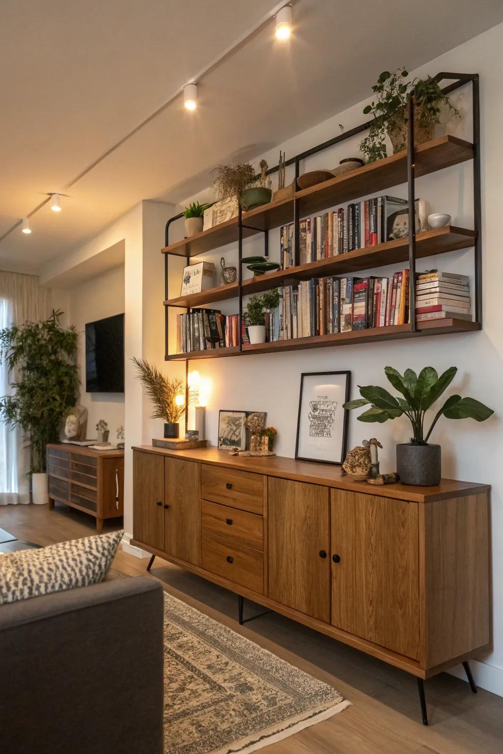 Adding shelves above sideboards maximizes wall use.