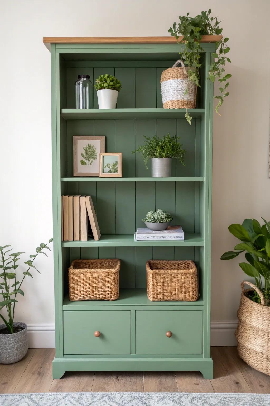 Transform your space with serene greens: a minimalist bookshelf inspired by nature.