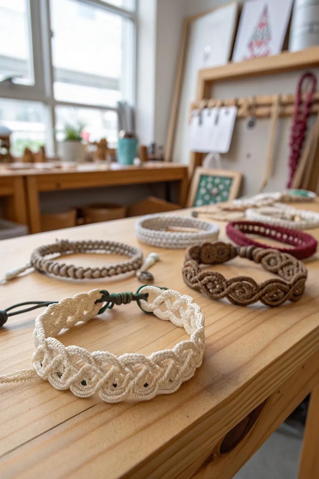 Intricate macramé bracelets for a handcrafted feel.