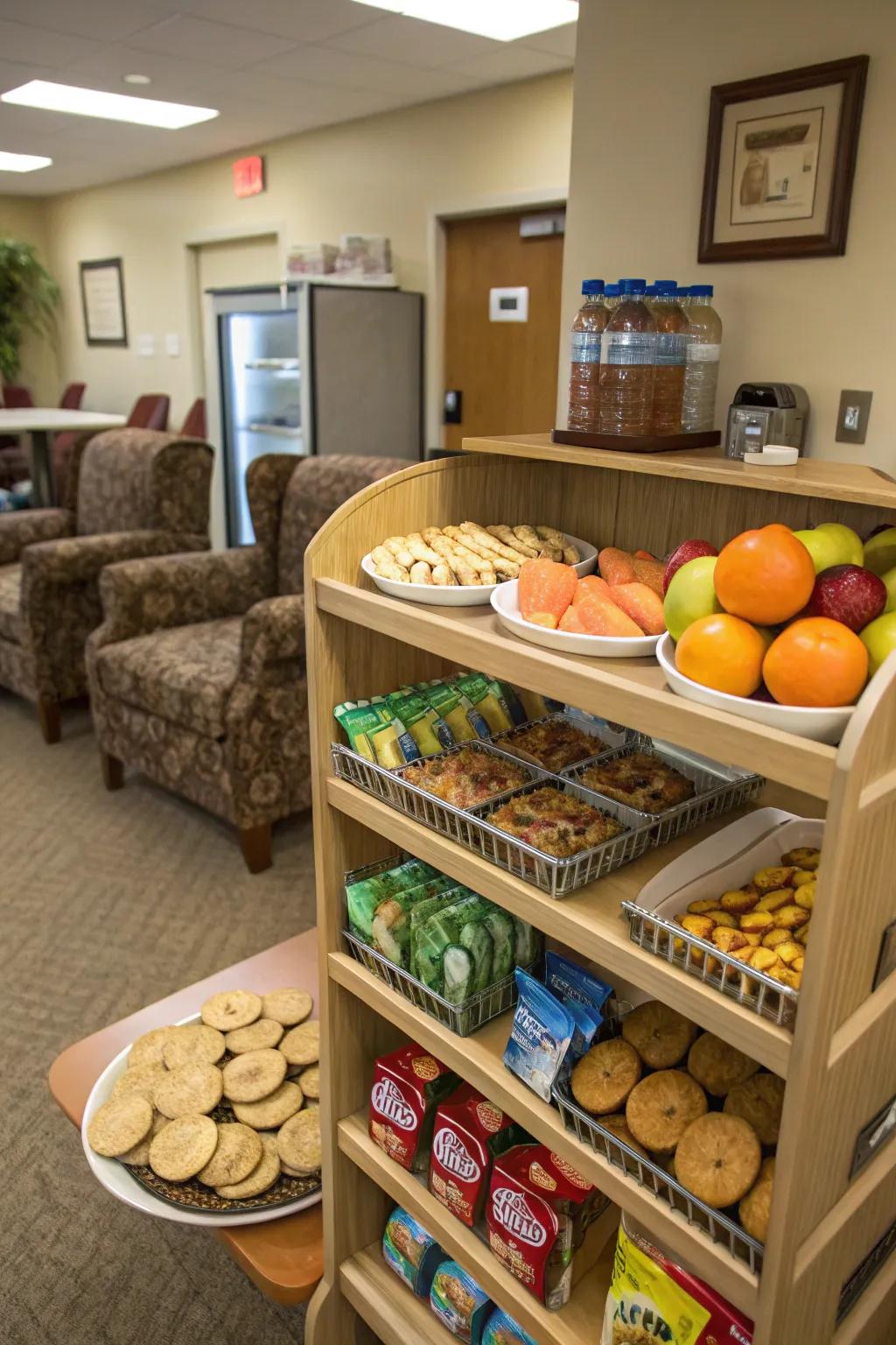 A snack-sharing shelf fosters a culture of sharing.