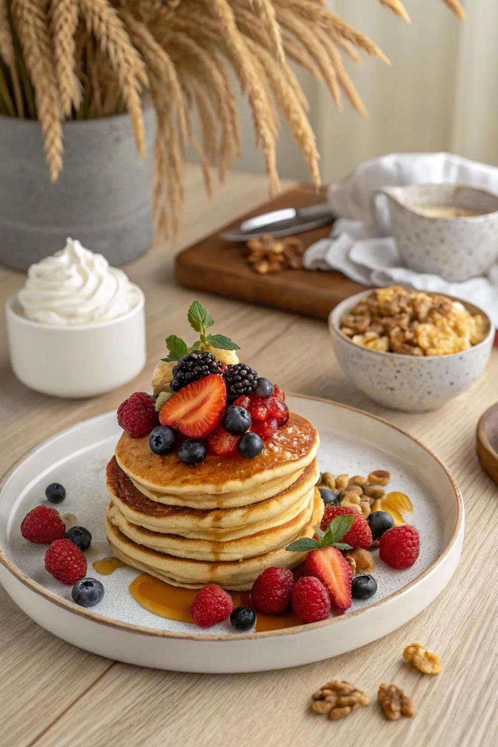 Start your morning with a touch of elegance: Pancake stacks adorned with nature's finest!