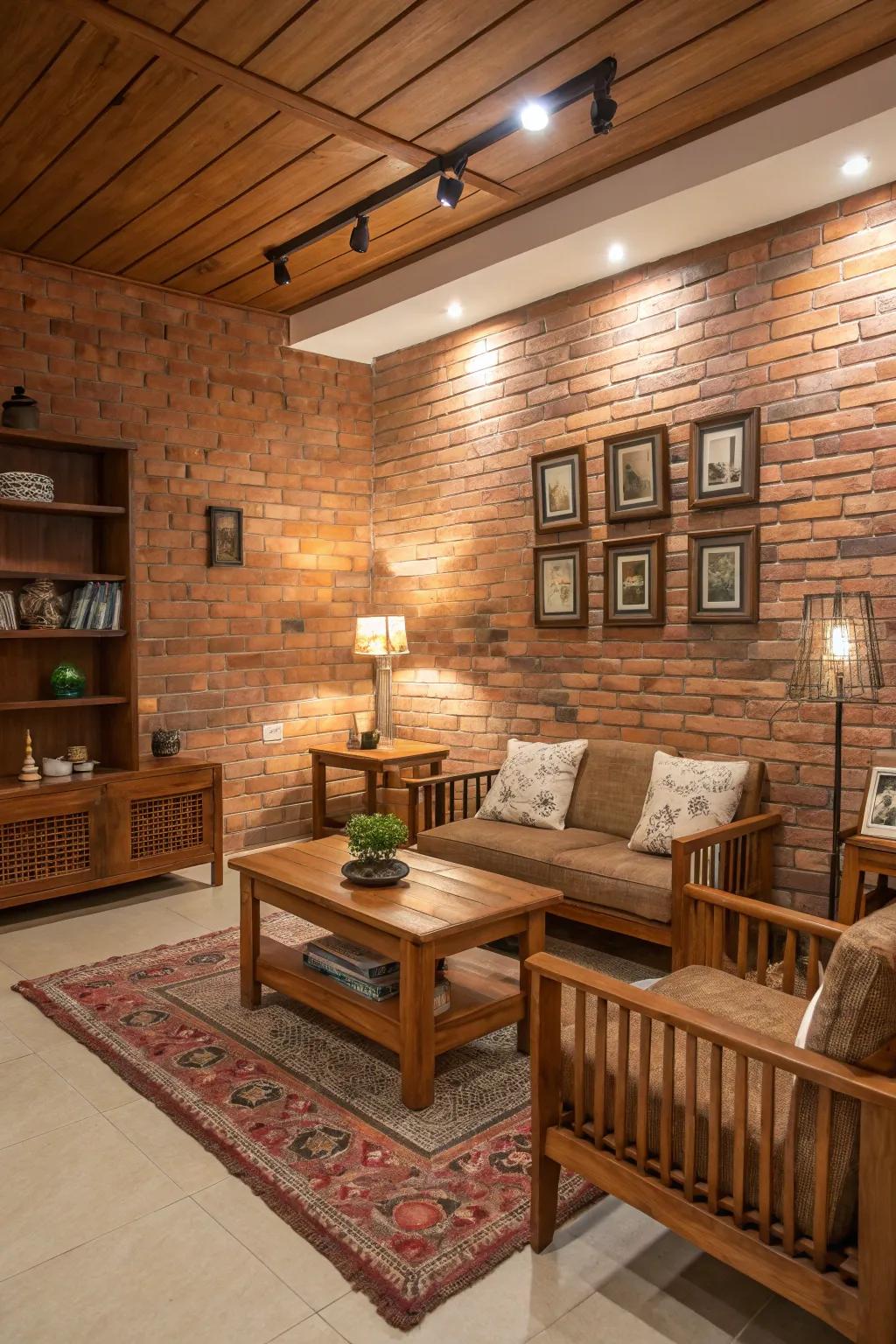 Wood and brick create a warm and cozy living room.