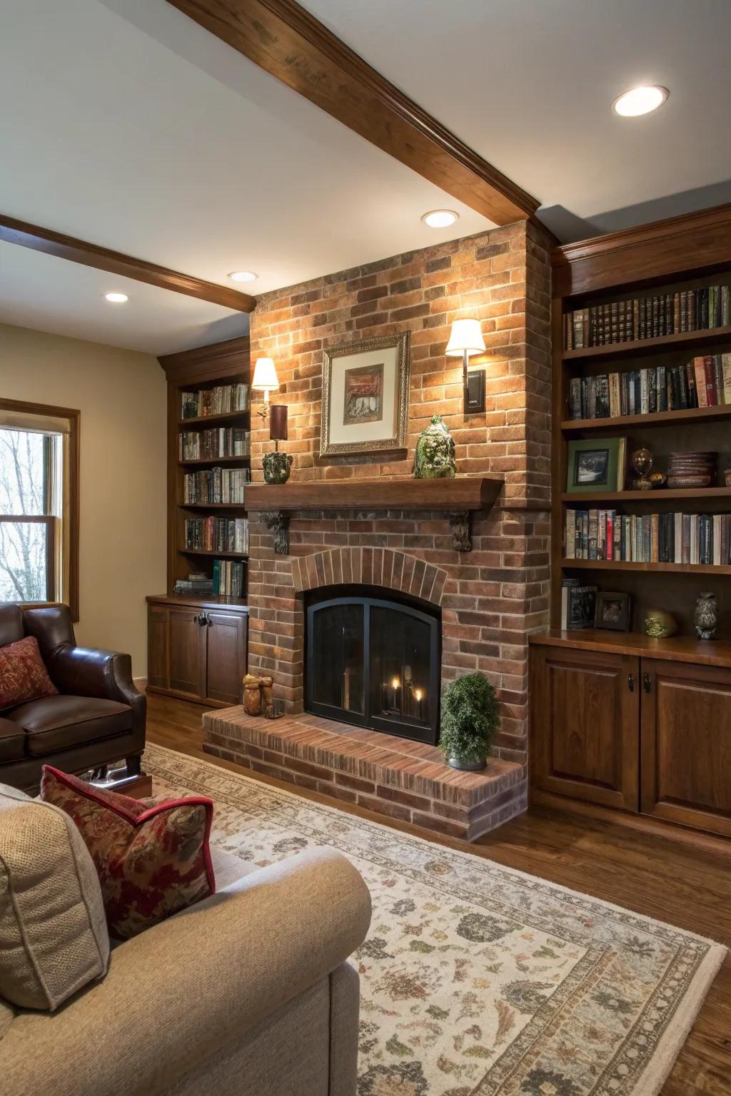 Cozy and functional with bookshelves framing the fireplace.