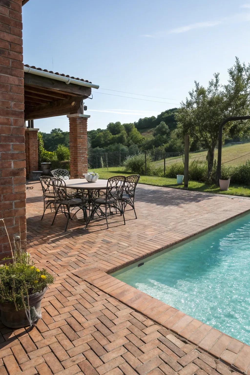 Enhance your poolside dining experience with a brick patio.