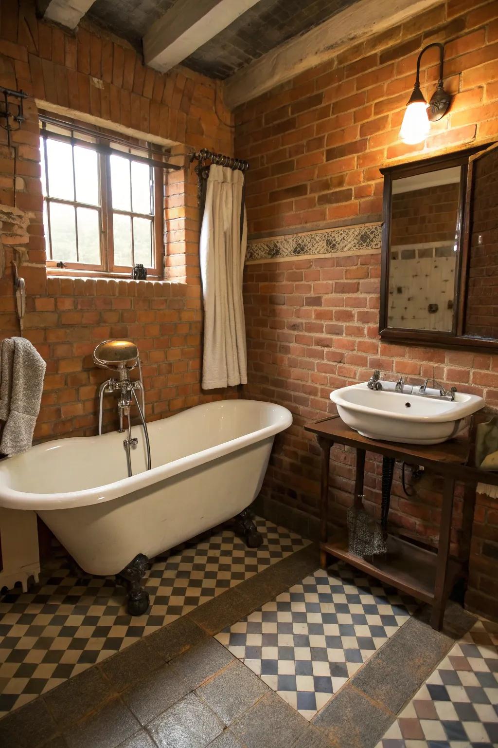 Vintage charm with brick walls and a classic clawfoot tub.