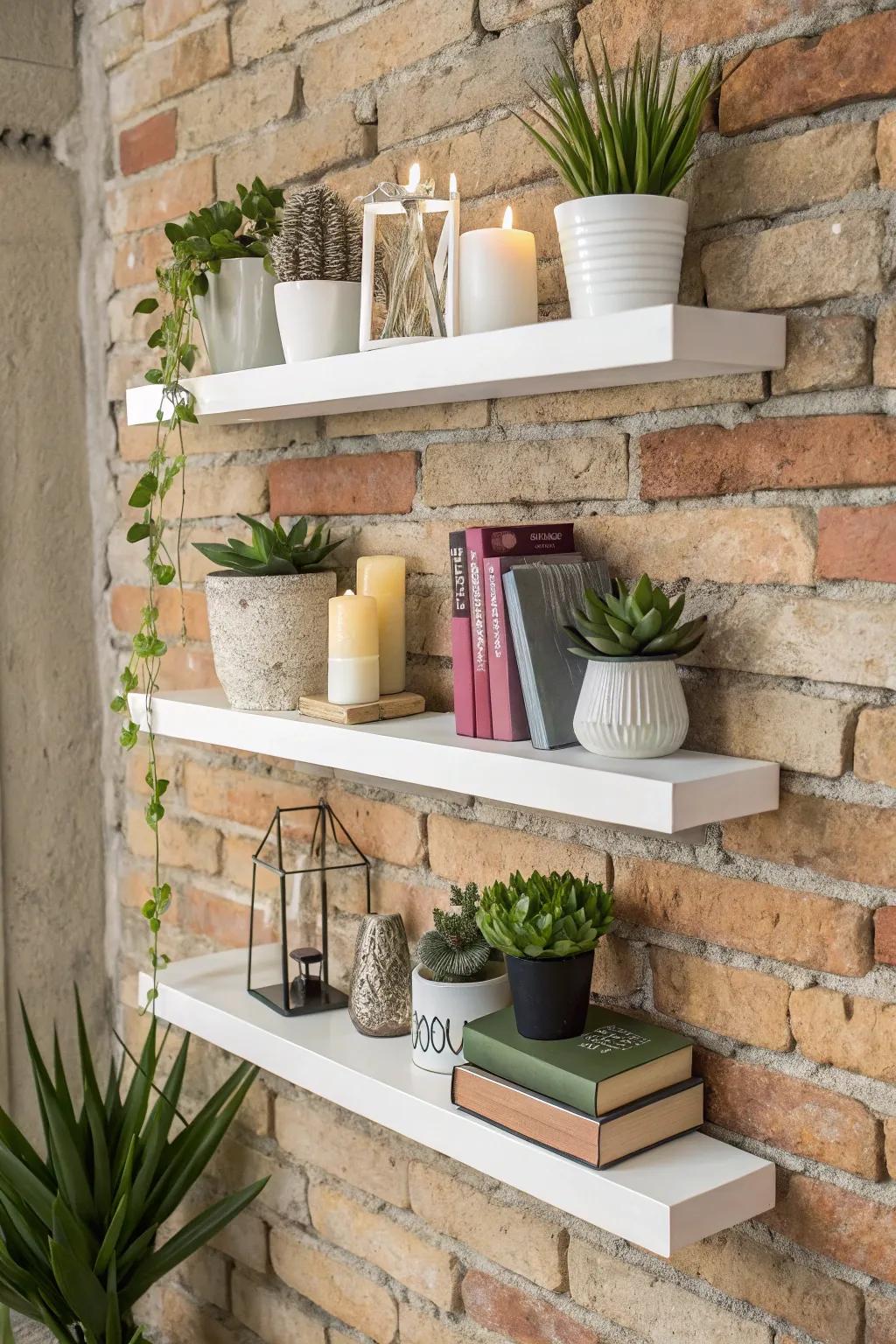 Floating shelves enhance the brick wall while offering storage and display options.