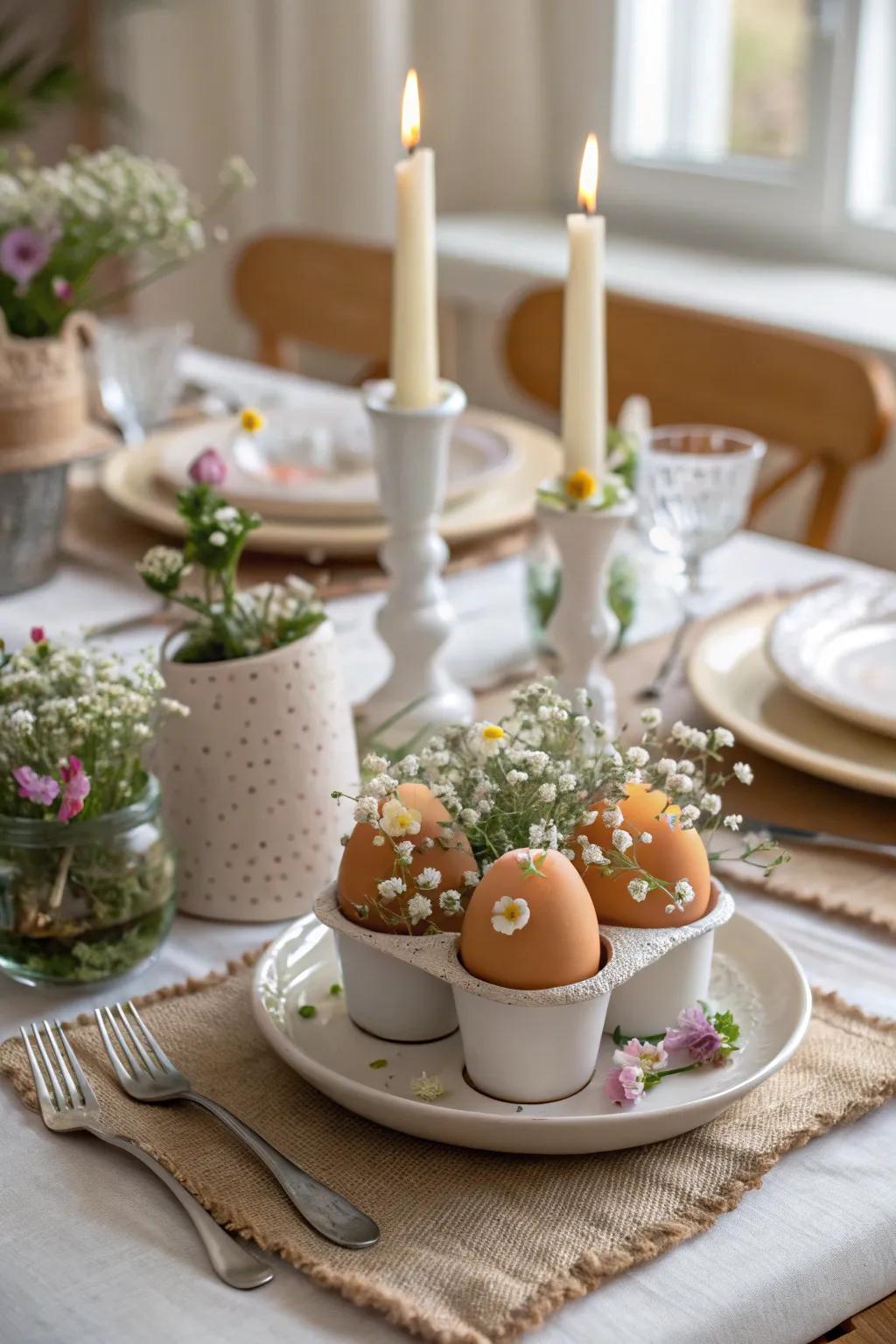 A brunch table with artful eggshells serving as candle holders and mini vases.