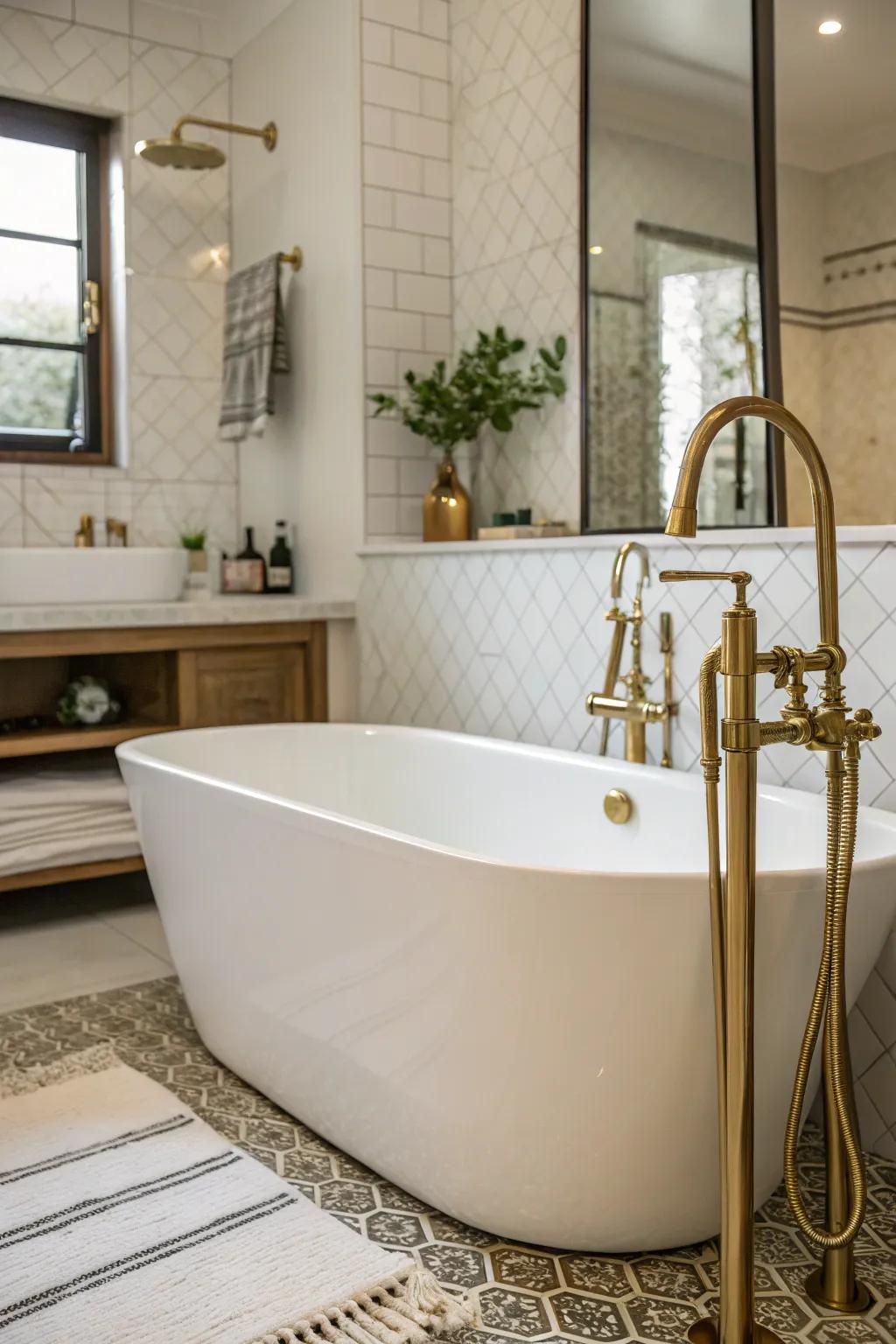 A freestanding bathtub with brushed brass taps as a luxurious centerpiece.