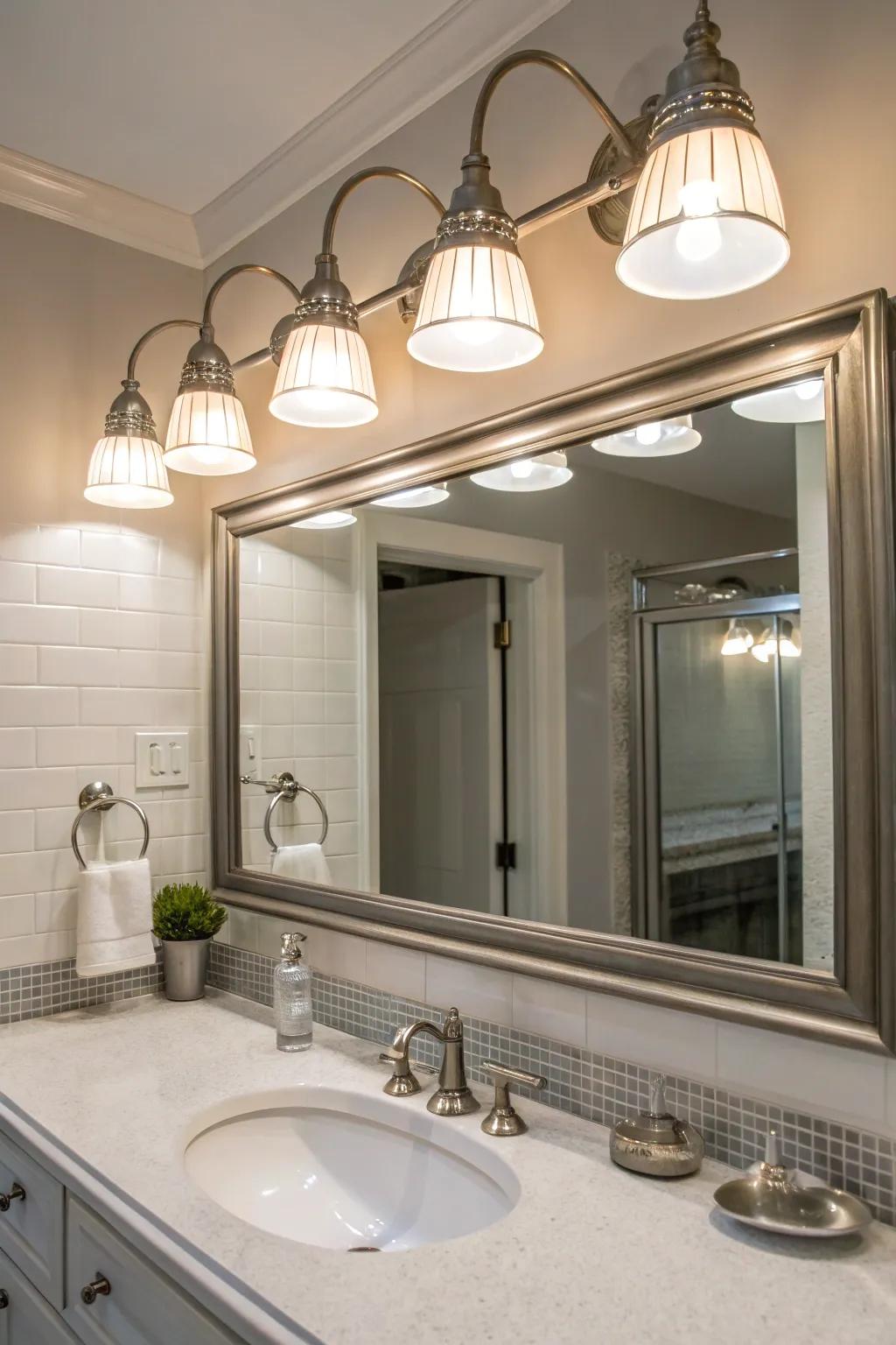 Eco-friendly LED brushed nickel lighting above a bathroom mirror.