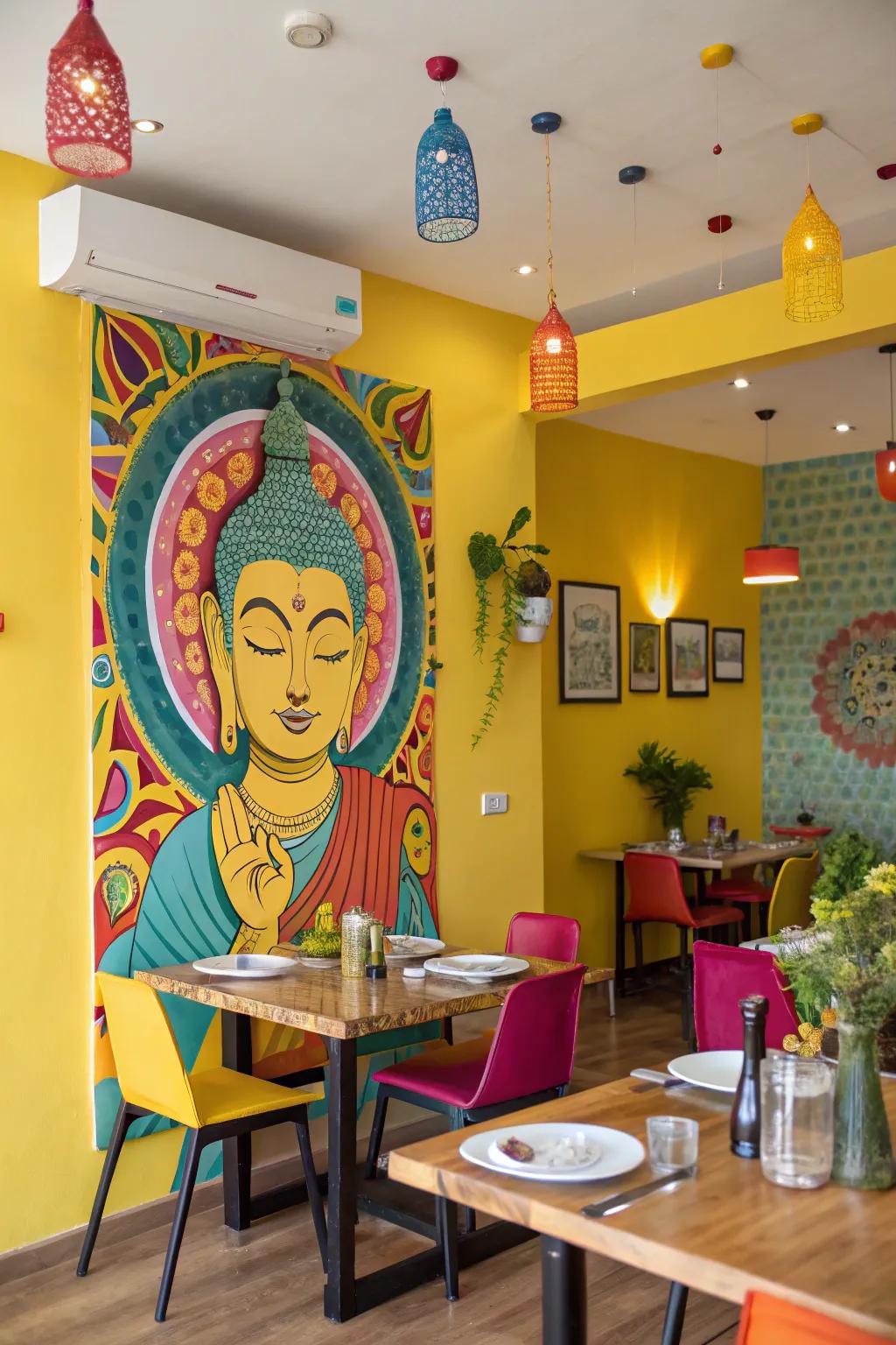 Vivid colors in the Buddha painting bring life to this vibrant dining room.