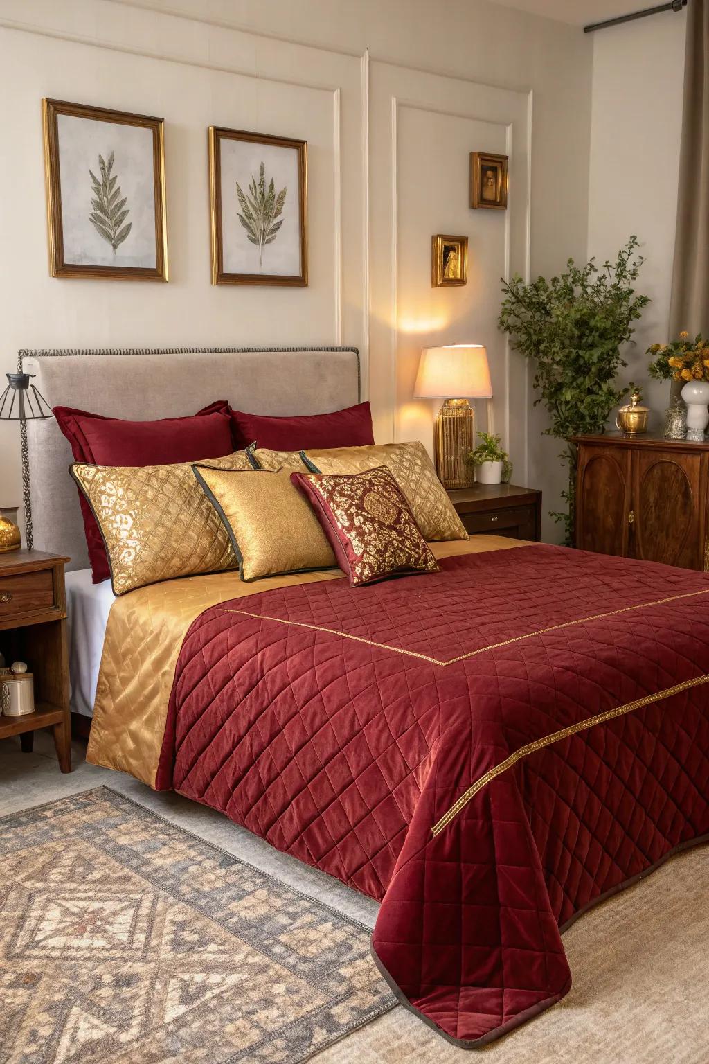 A sumptuous burgundy bedspread complemented by gold accents.