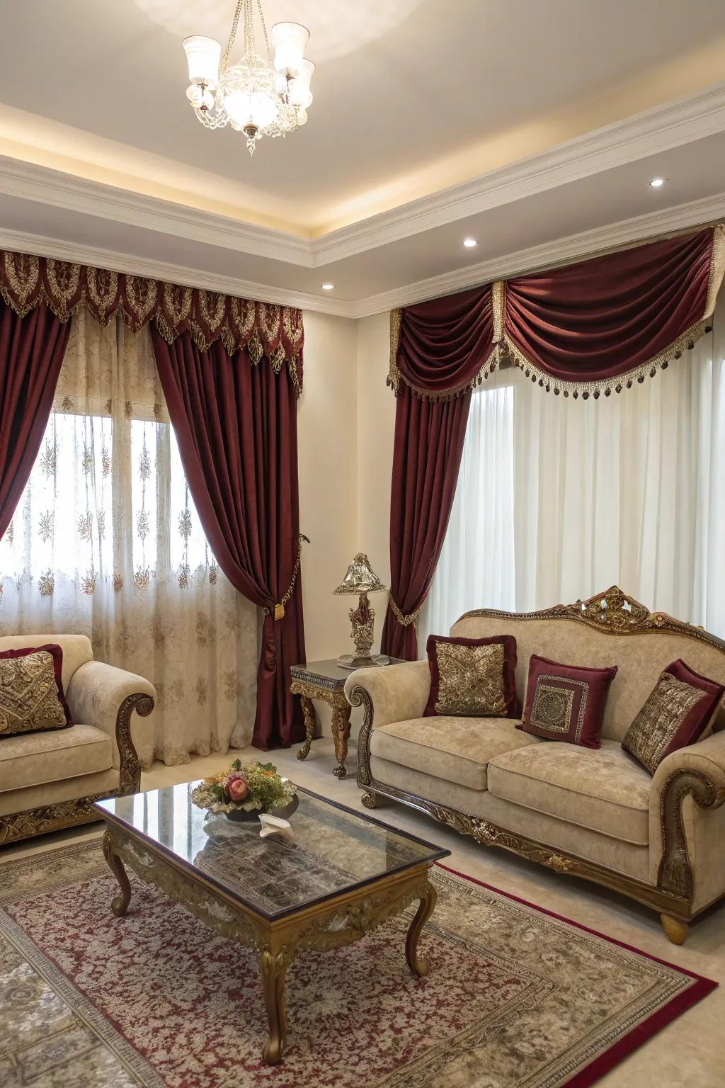 Burgundy curtains add drama and warmth to this stylish living room.