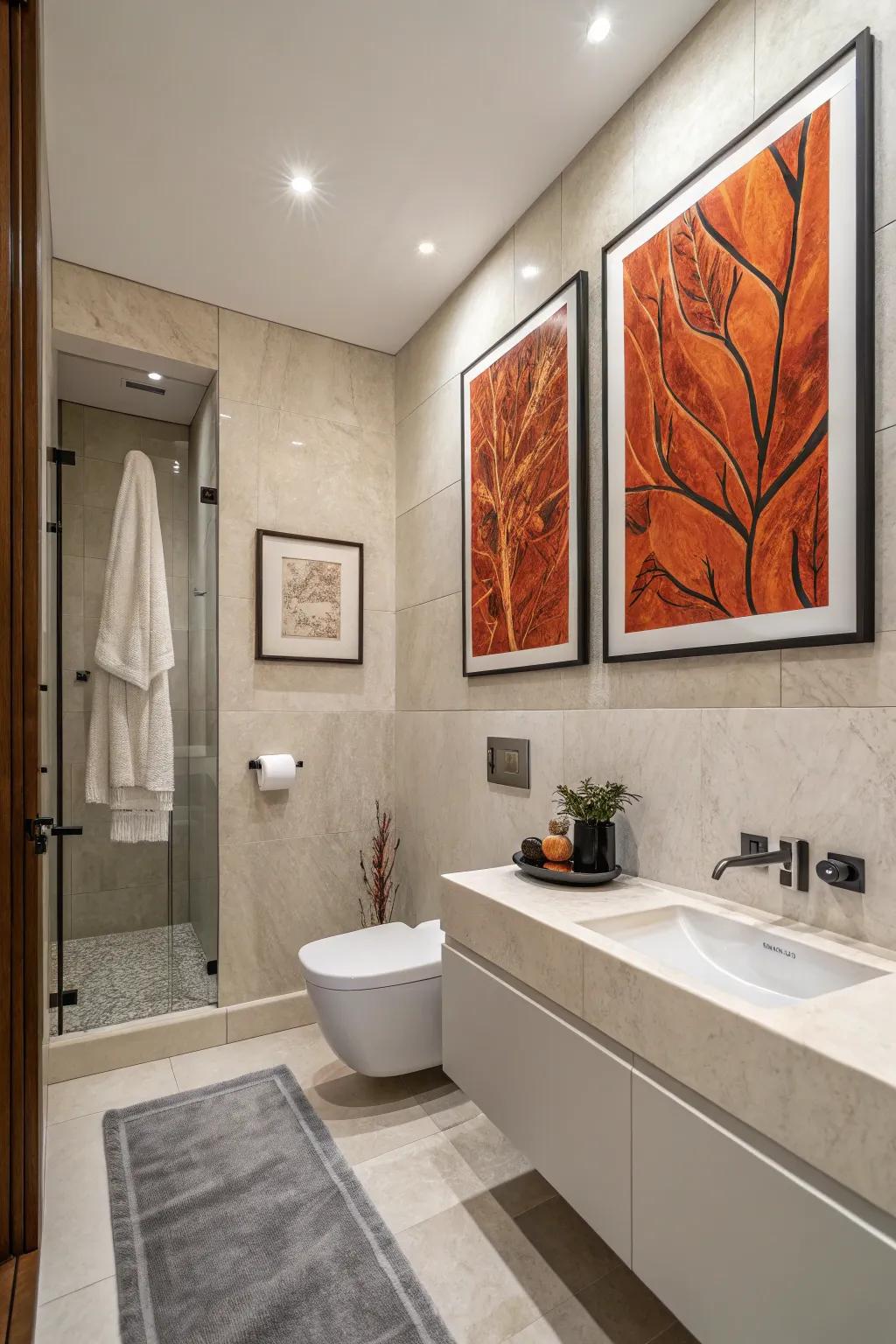 Burnt orange artwork adds a pop of personality to this bathroom.