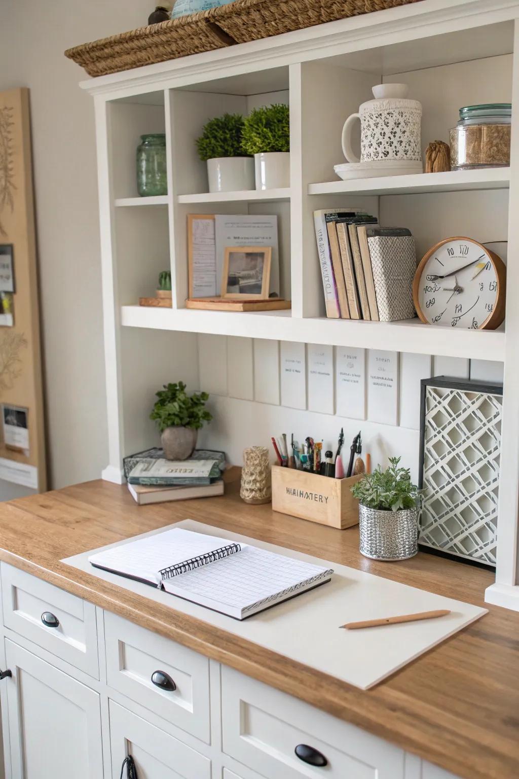 A butcher block desk integrated with open shelving.