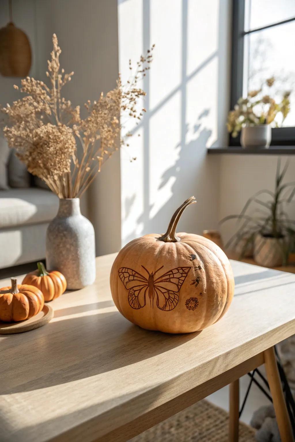 Embrace natural beauty with a tiny butterfly carved on a mini pumpkin, the perfect blend of Scandinavian simplicity and Boho charm.