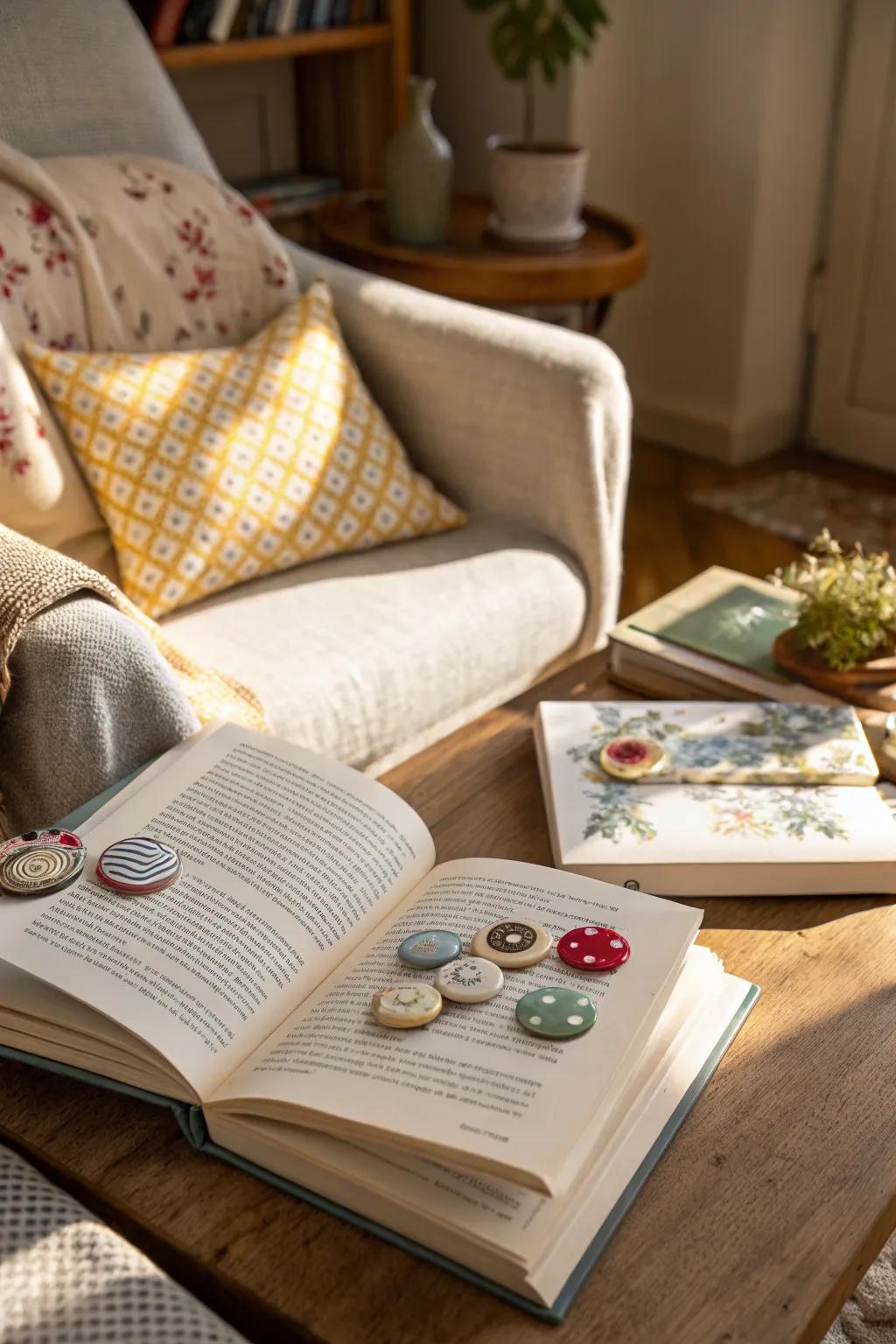 Keep your place in style with adorable button bookmarks.