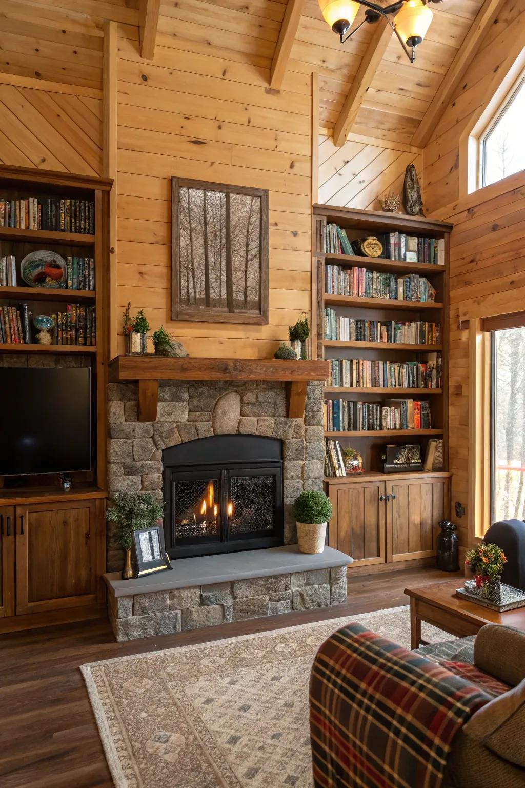 A fireplace with built-in shelves for a cozy library feel.