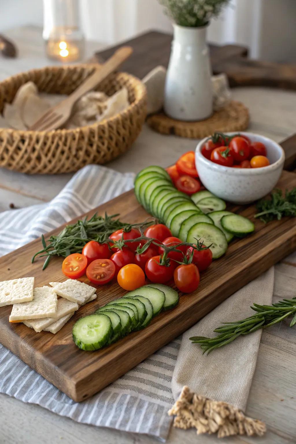Elevate your camping cuisine with a veggie charcuterie board that's as beautiful as it is delicious. 🌿🥒🍅
