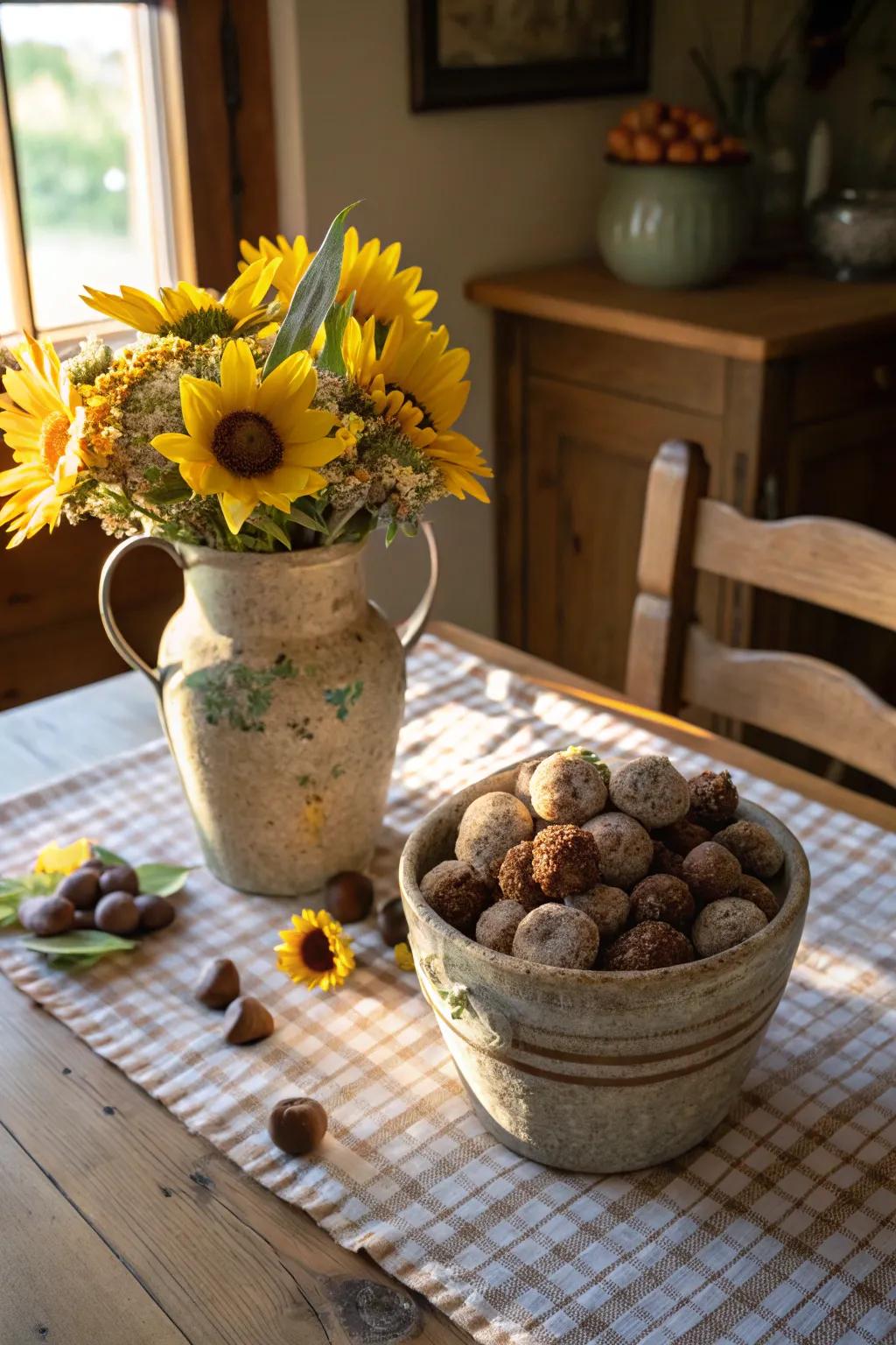 A rustic candy vase adds warmth and charm to farmhouse decor.