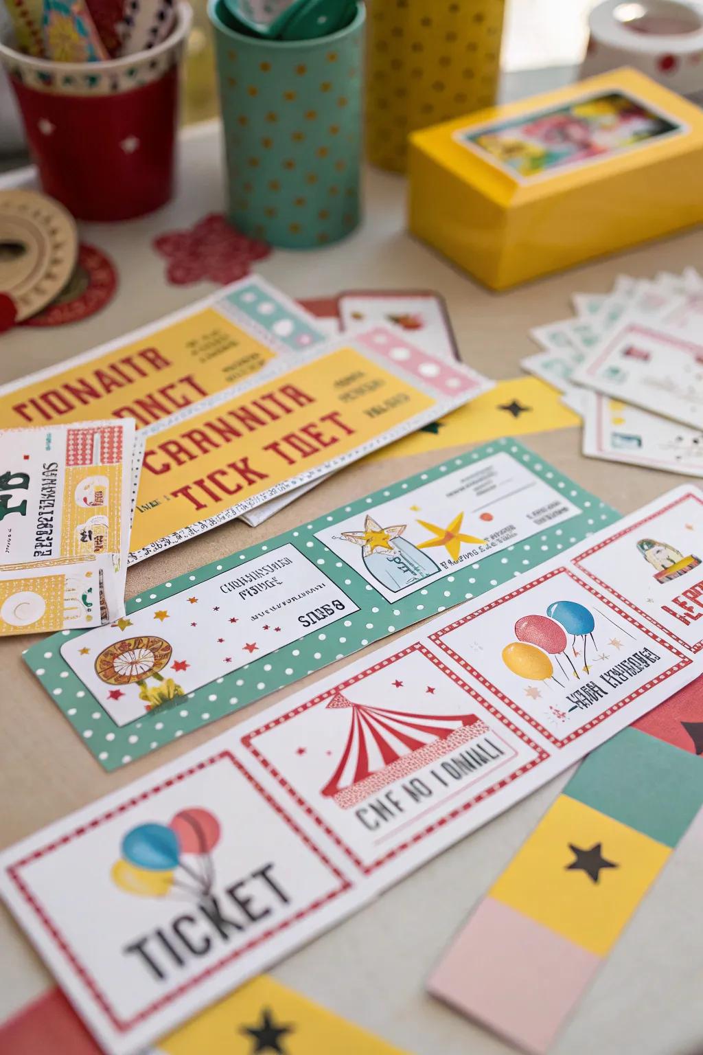 Personalized carnival tickets for a unique party touch.