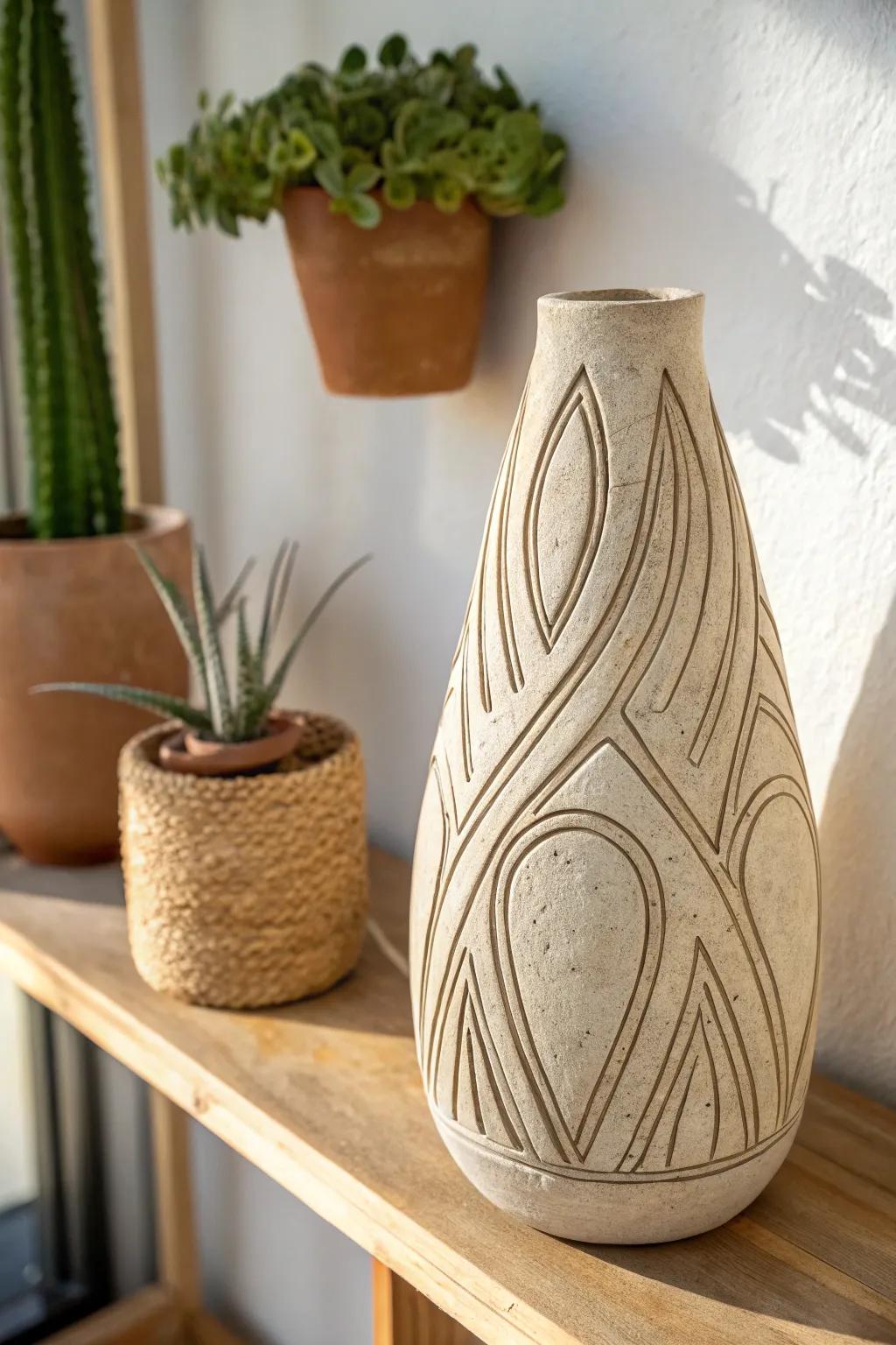 Embrace the art of abstraction with this beautifully carved pottery piece, perfect for a minimalist and Boho-inspired space.