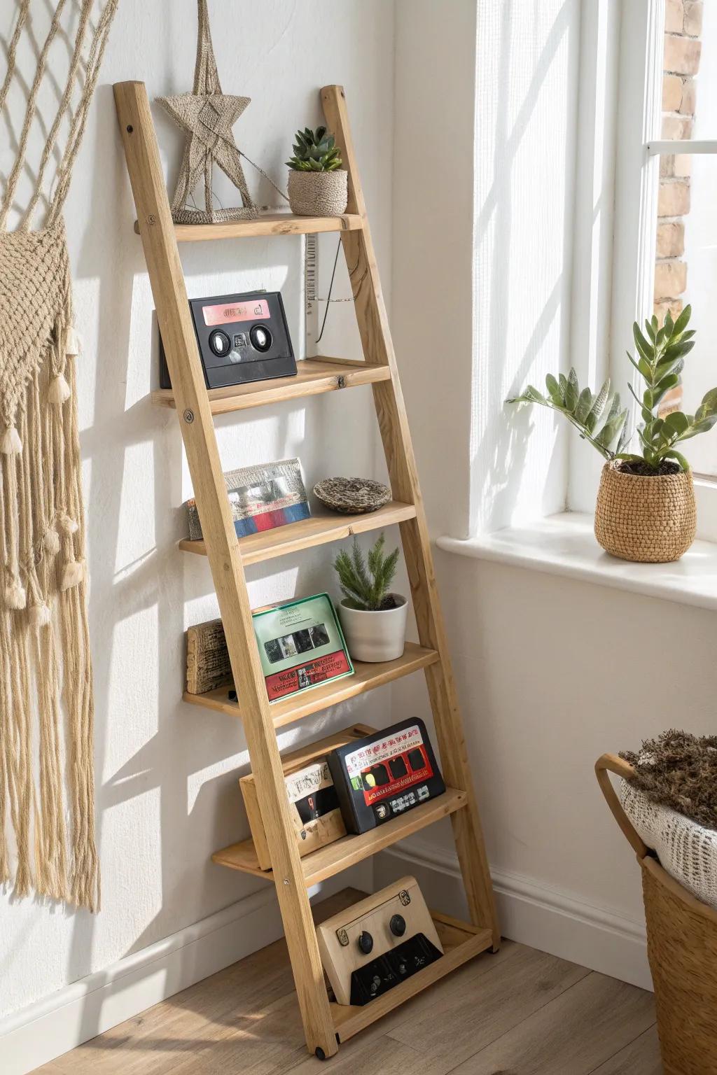 Elevate your space with a stylish ladder shelf, the perfect blend of modern minimalism and vintage charm for organizing your cassette collection.