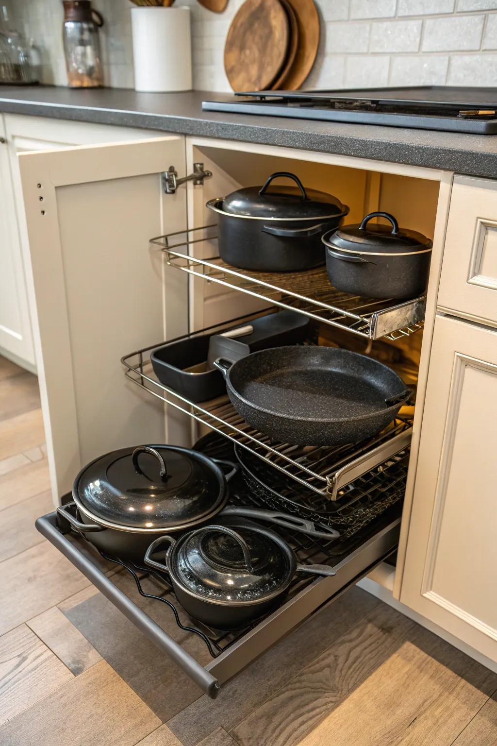 Sliding cabinet racks for efficient cast iron storage.