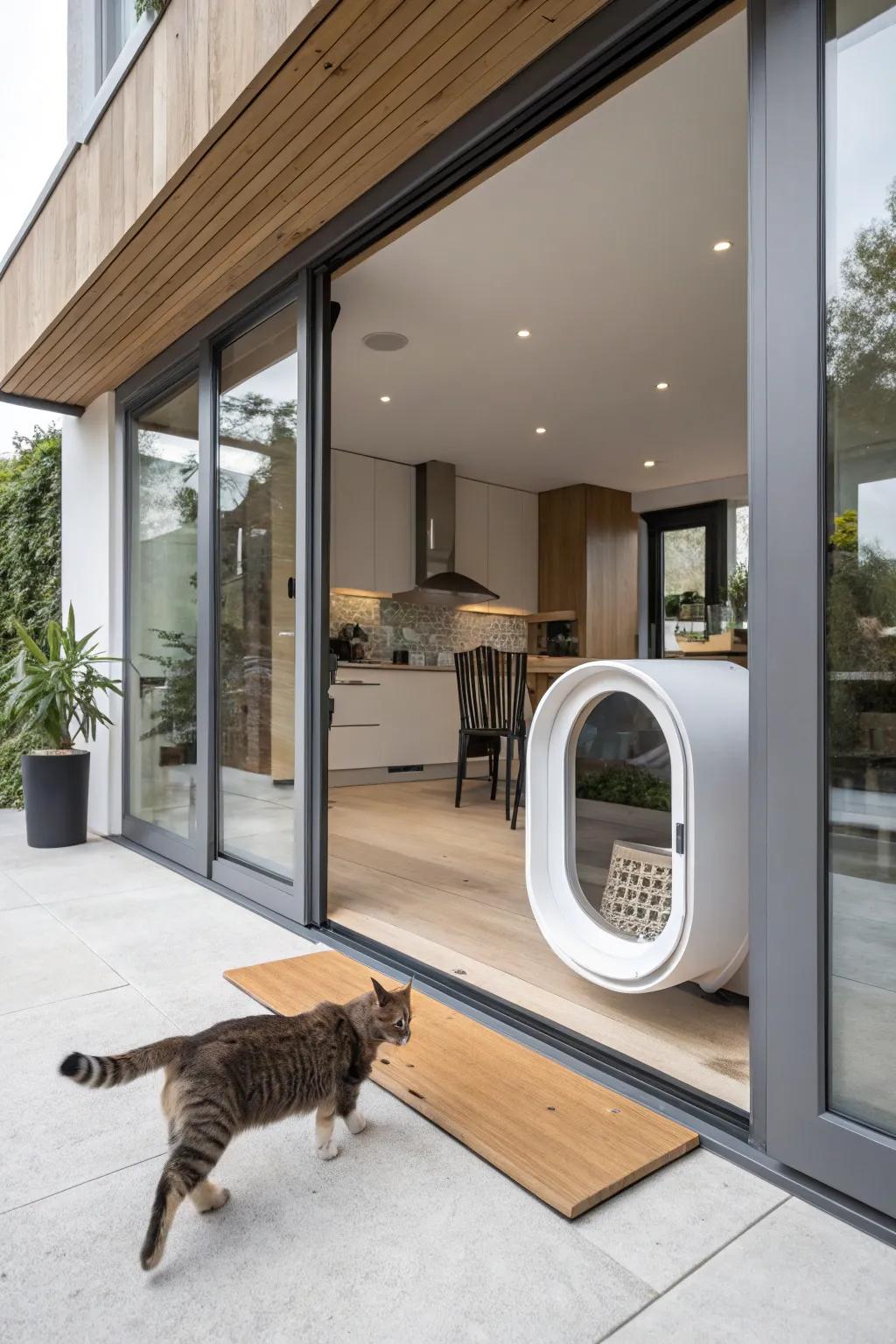 A cat door offers independence and easy access between spaces.