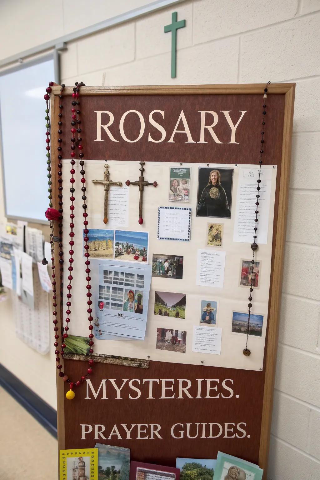 A Rosary Learning Zone bulletin board educating students about prayer.