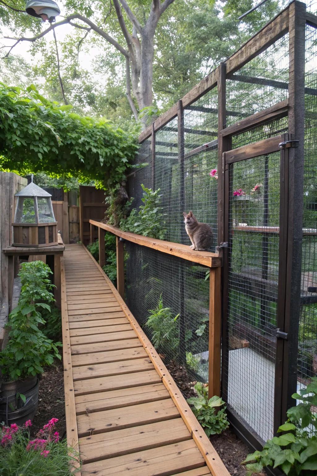 A catio with a bridge connecting two sections for cats.