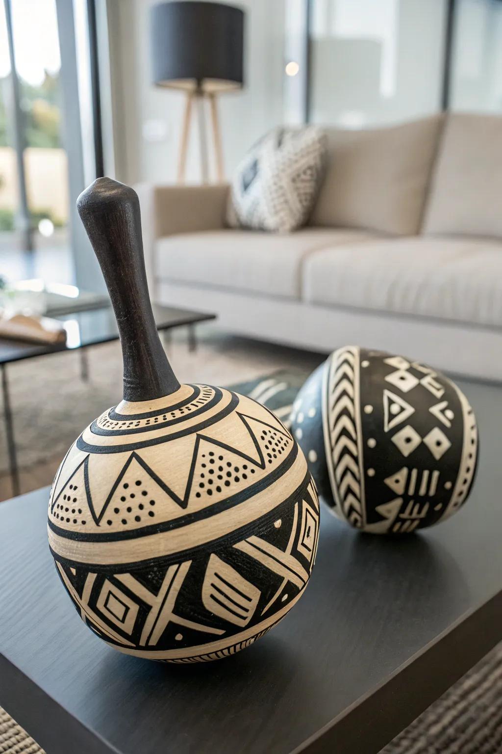 Geometric pattern rattles offer a bold design statement.