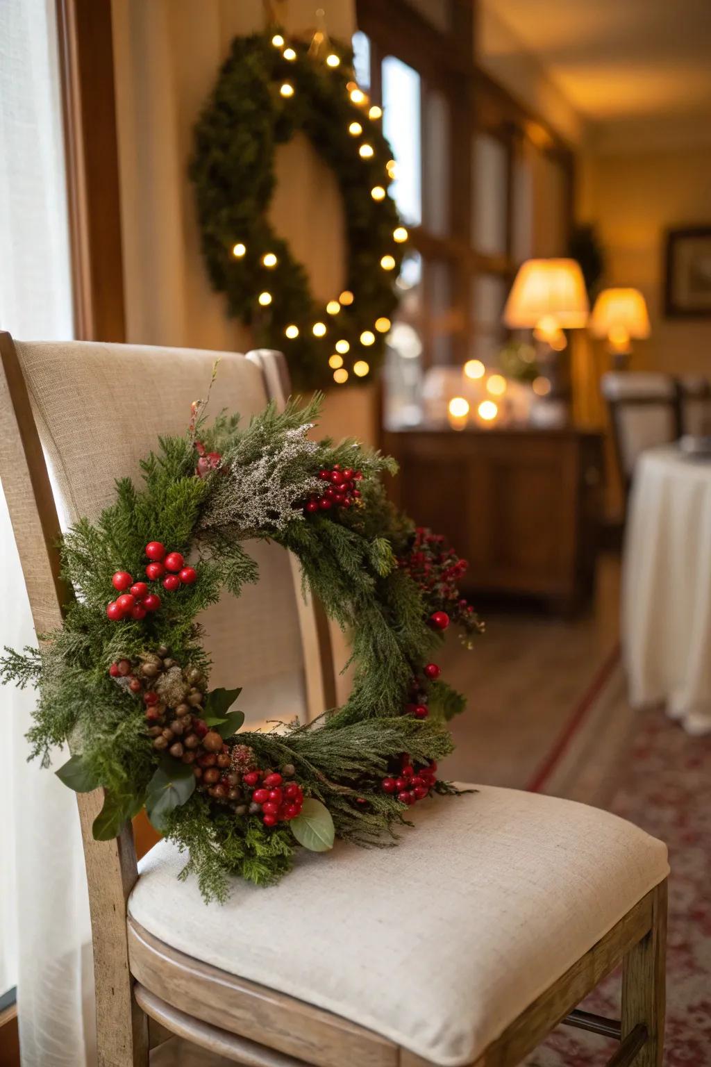 A decorative wreath adds a festive touch to chair decor.