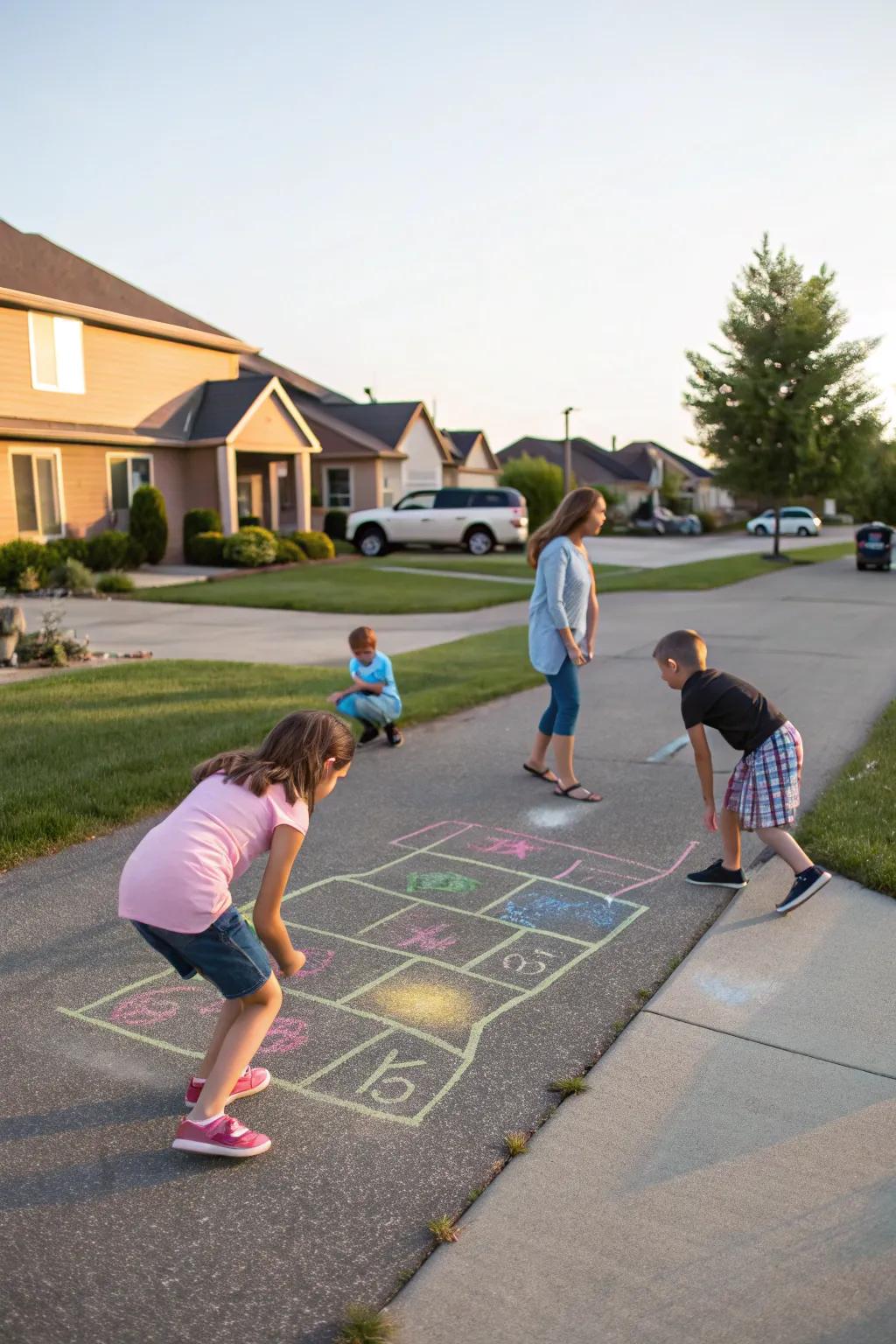 Classic chalk games like hopscotch bring nostalgia to summer evenings.