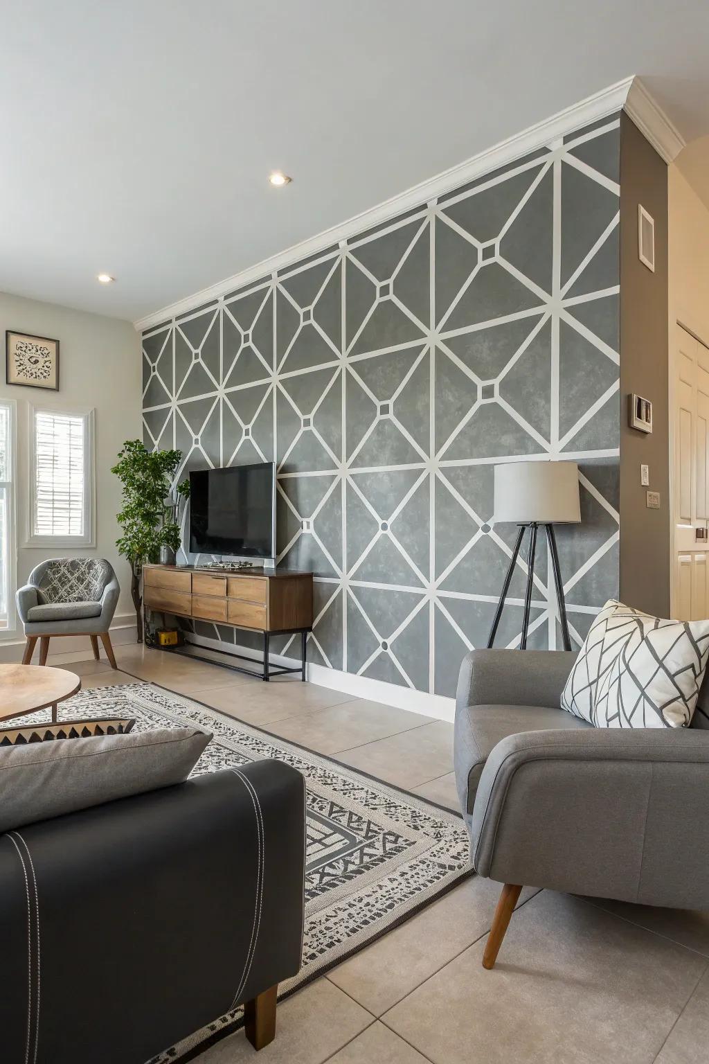 Geometric patterns on chalk paint walls create a trendy focal point.