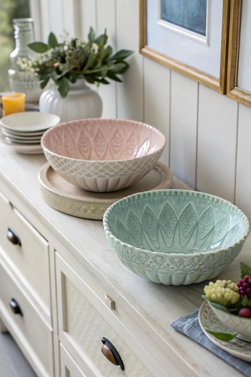 Decorative bowls with a chalk powder finish bring subtle elegance to your decor.