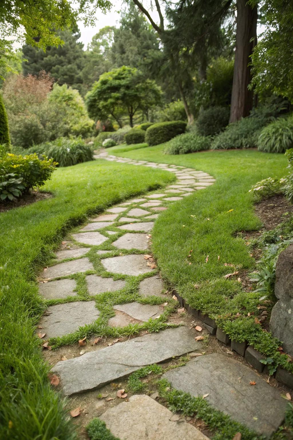 Grass between flagstones creates a natural, integrated garden path.