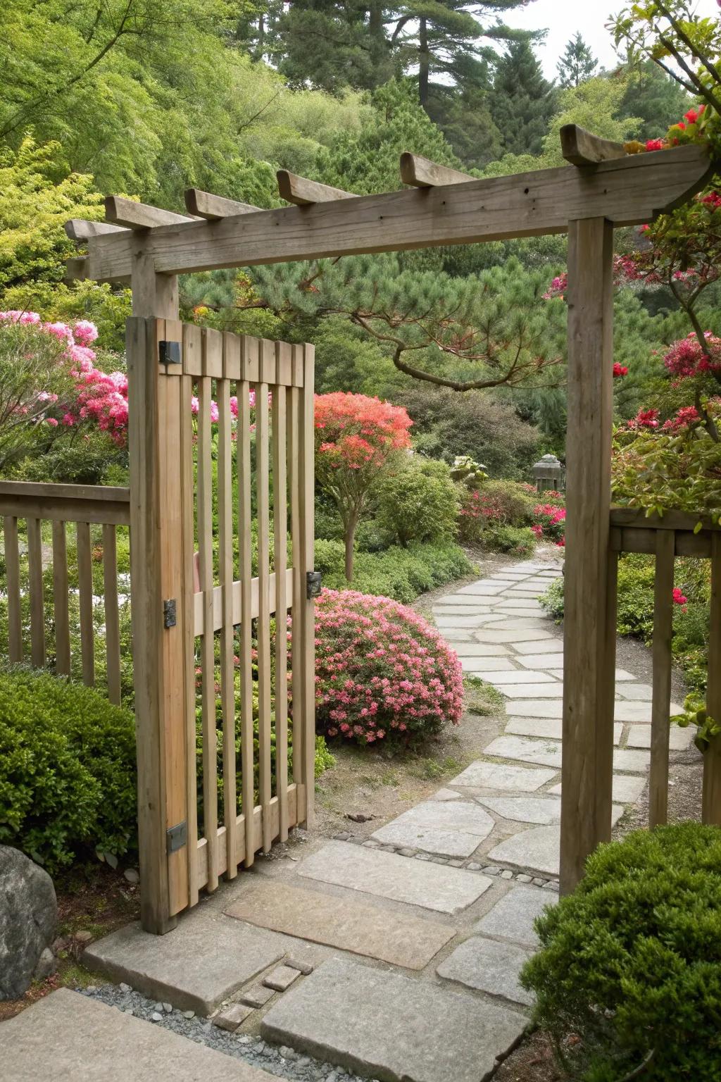 A minimalist wooden slat garden gate, offering a modern contrast to a vibrant garden.